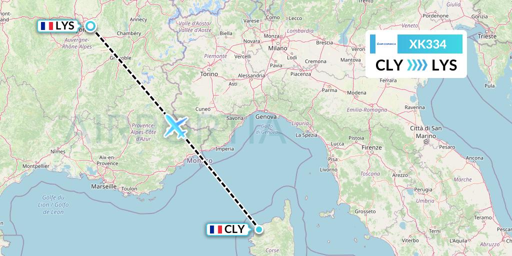 XK334 Air Corsica Flight Map: Calvi to Lyon