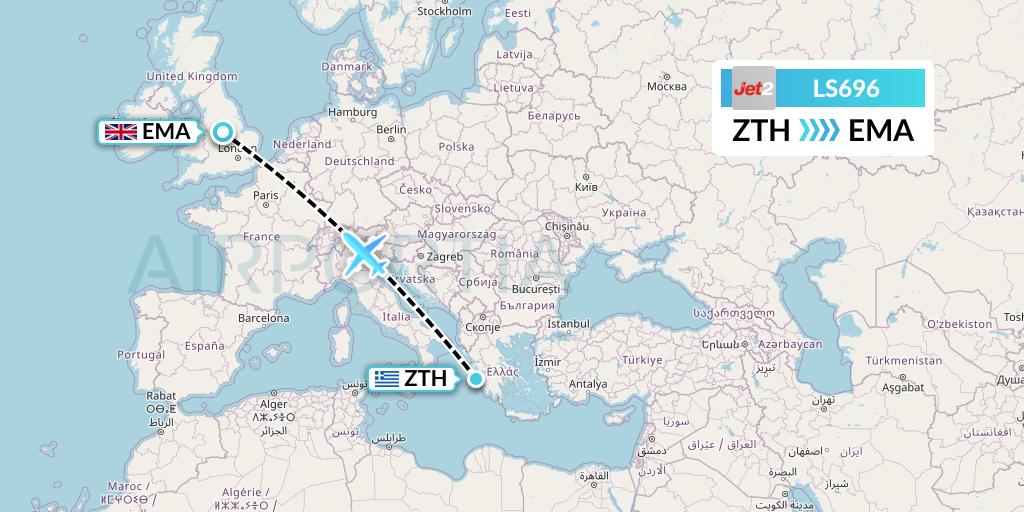 LS696 Jet2 Flight Map: Zakynthos to East Midlands