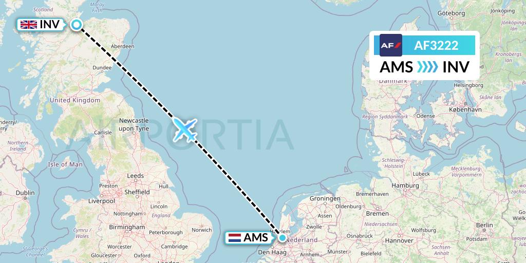 AF3222 Air France Flight Map: Amsterdam to Inverness