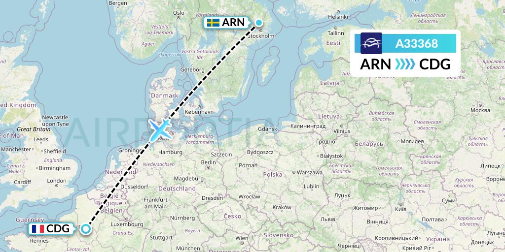 A33368 Aegean Airlines Flight Map: Stockholm to Paris