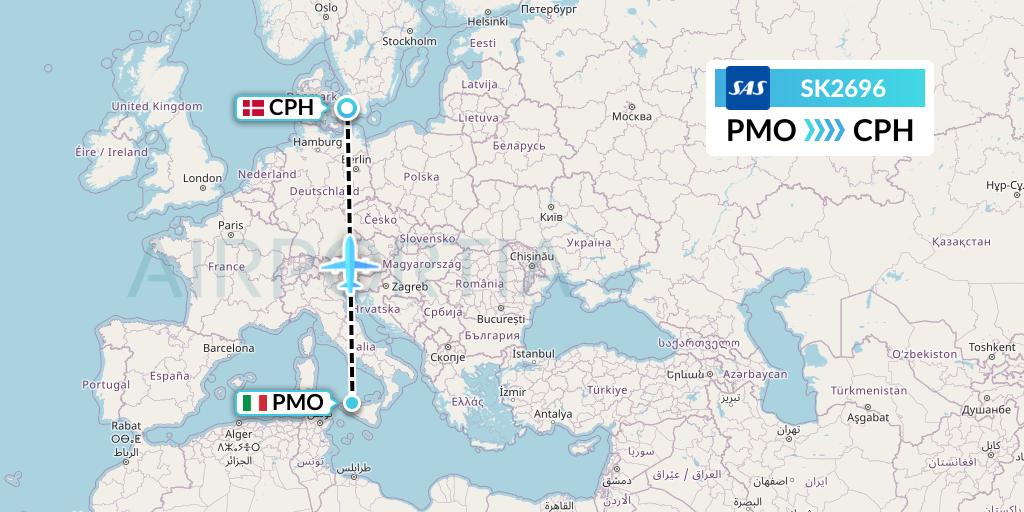SK2696 SAS Flight Map: Palermo to Copenhagen