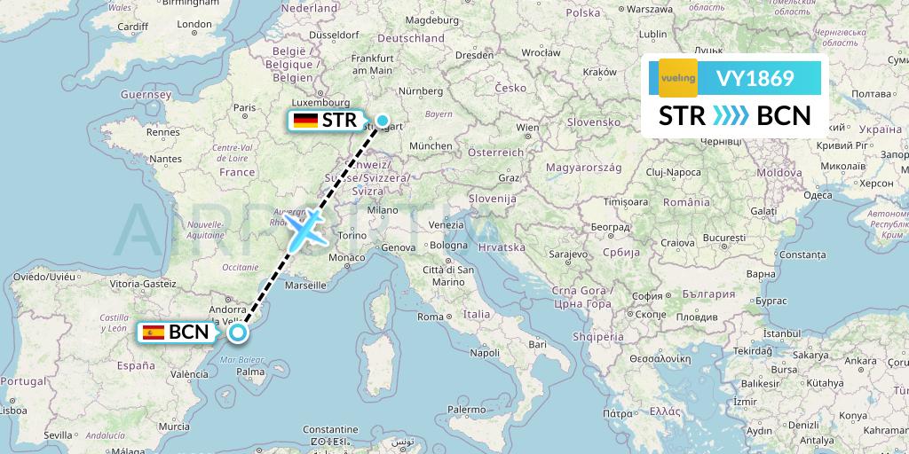 VY1869 Vueling Flight Map: Stuttgart to Barcelona