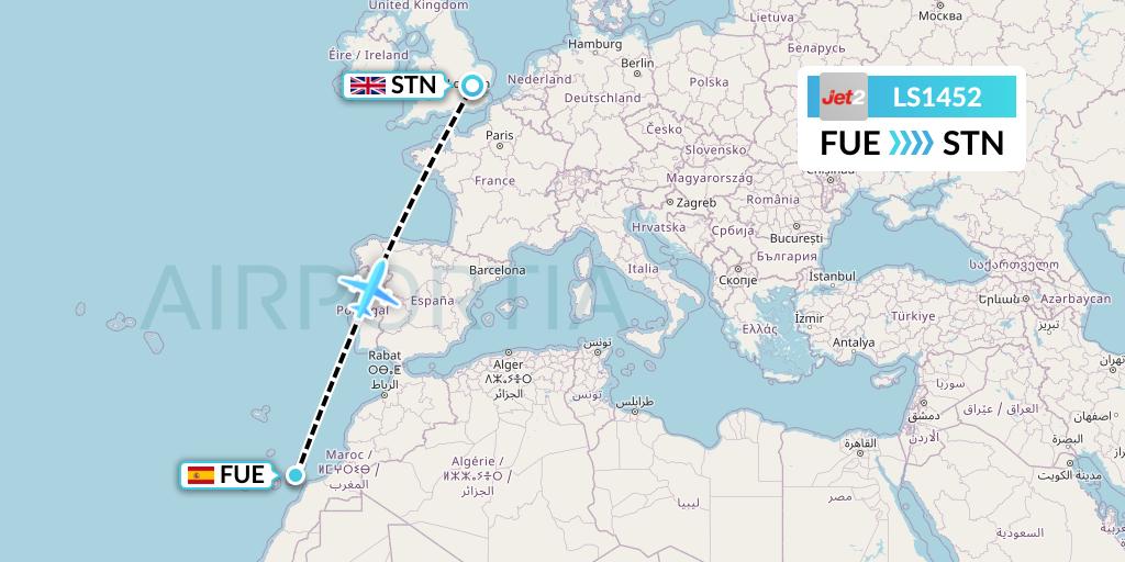LS1452 Jet2 Flight Map: Fuerteventura to London