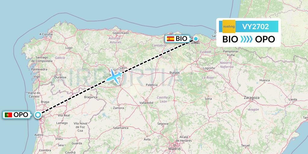 VY2702 Vueling Flight Map: Bilbao to Porto