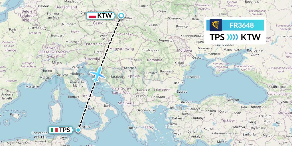FR3648 Ryanair Flight Map: Trapani to Katowice