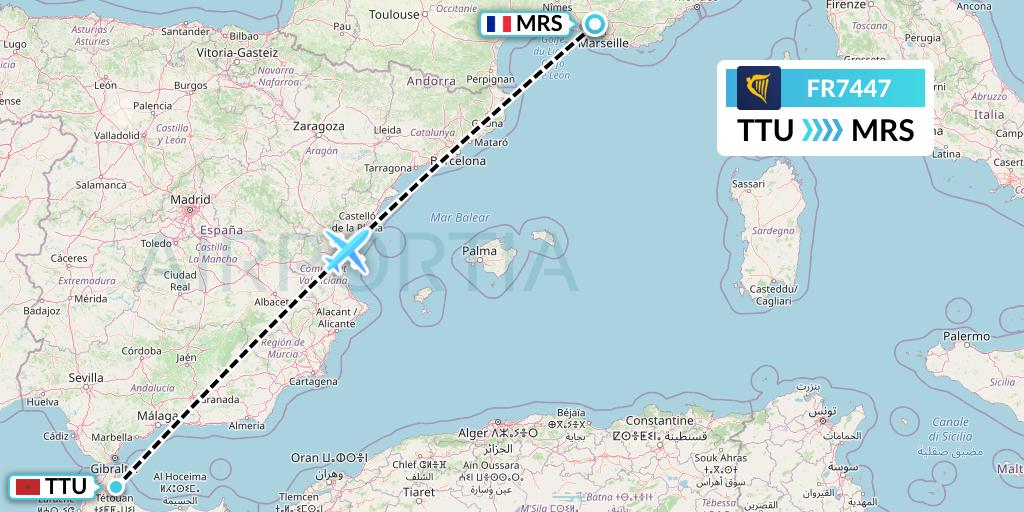 FR7447 Ryanair Flight Map: Tetuan to Marseille