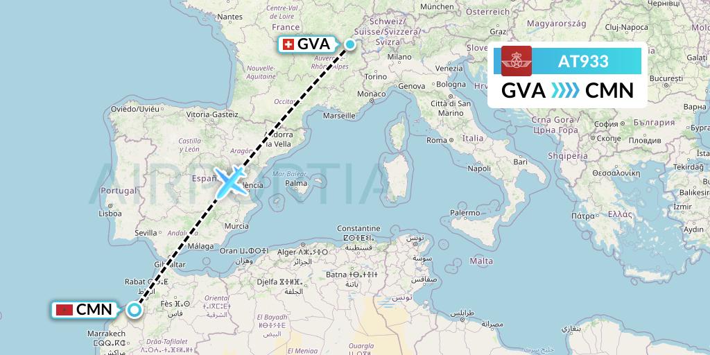 AT933 Royal Air Maroc Flight Map: Geneva to Casablanca