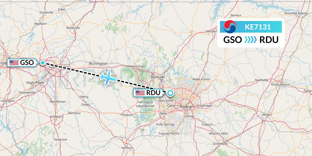 KE7131 Korean Air Flight Map: Greensboro to Raleigh-Durham