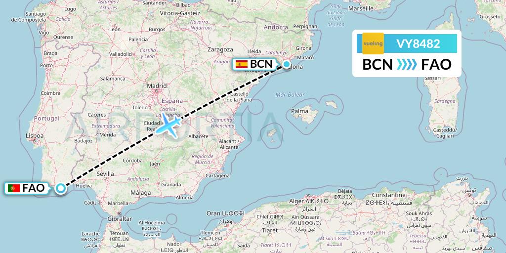 VY8482 Vueling Flight Map: Barcelona to Faro