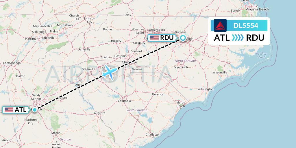DL5554 Delta Air Lines Flight Map: Atlanta to Raleigh-Durham