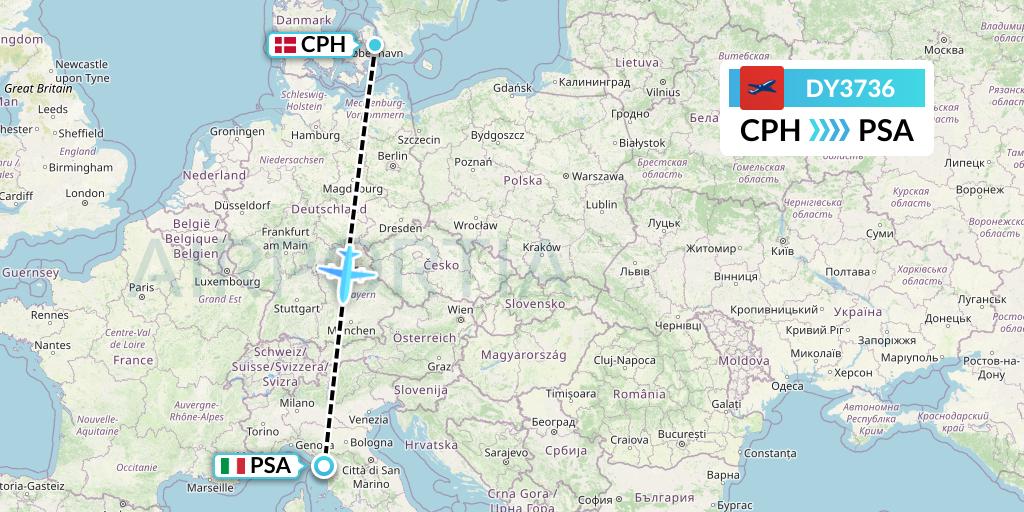 DY3736 Norwegian Flight Map: Copenhagen to Pisa
