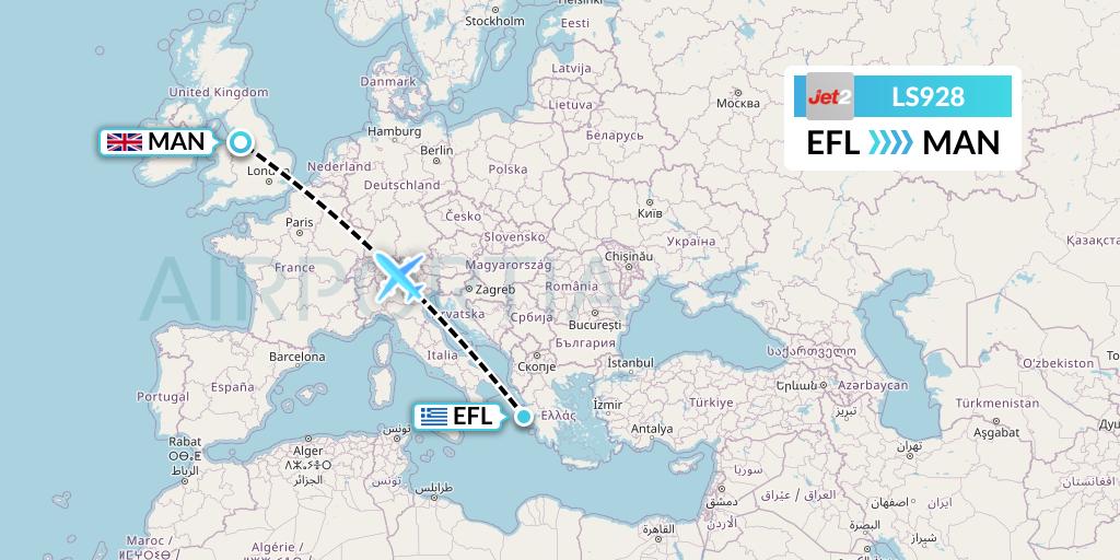 LS928 Jet2 Flight Map: Kefalonia to Manchester