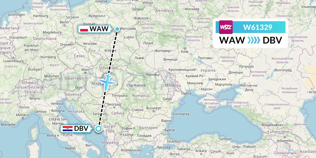 W61329 Wizz Air Flight Map: Warsaw to Dubrovnik