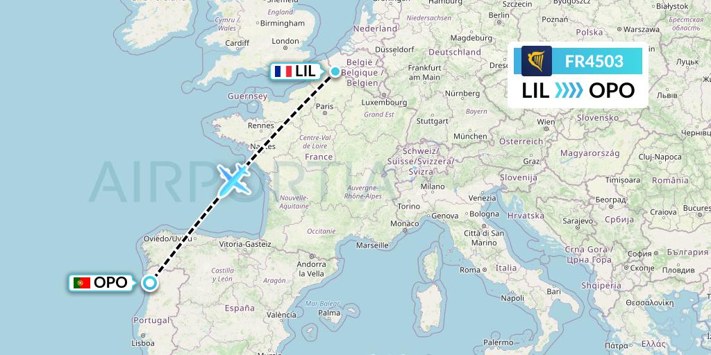FR4503 Ryanair Flight Map: Lille to Porto
