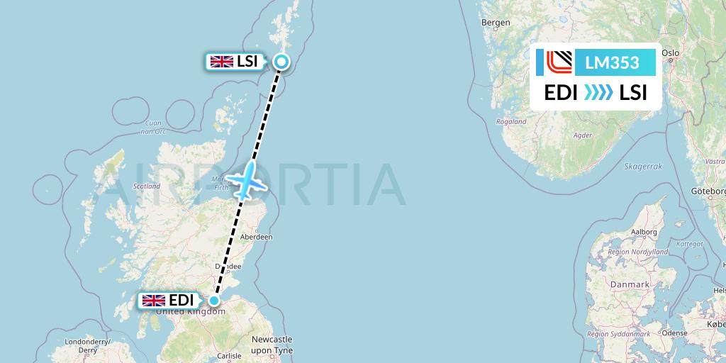 LM353 Loganair Flight Map: Edinburgh to Sumburgh