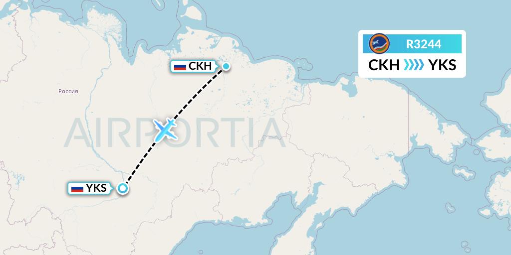 R3244 Yakutia Airlines Flight Map: Chokurdah to Yakutsk