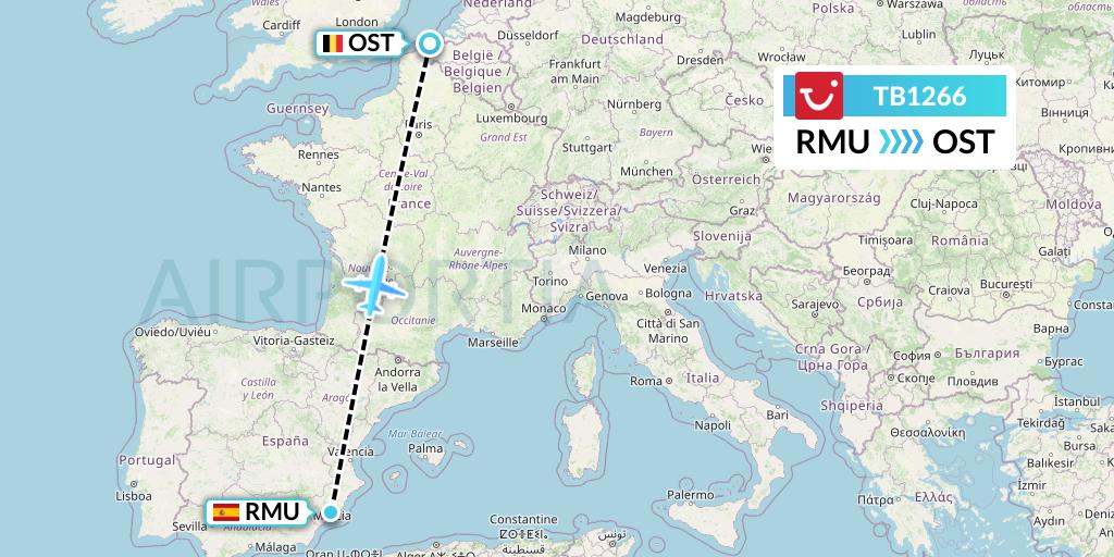 TB1266 TUI fly Belgium Flight Map: Murcia to Ostend