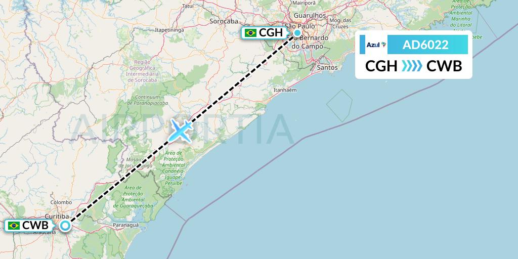 AD6022 Azul Brazilian Airlines Flight Map: Sao Paulo to Curitiba