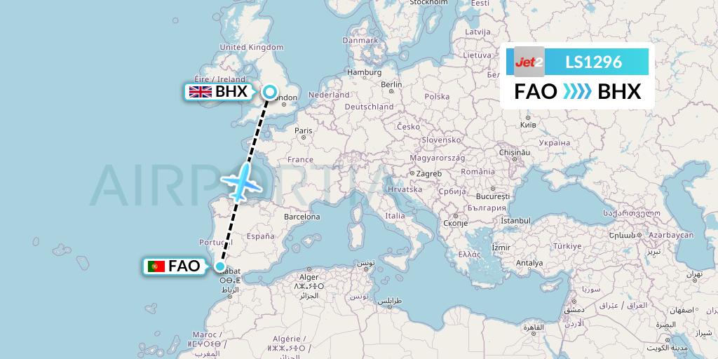 LS1296 Jet2 Flight Map: Faro to Birmingham