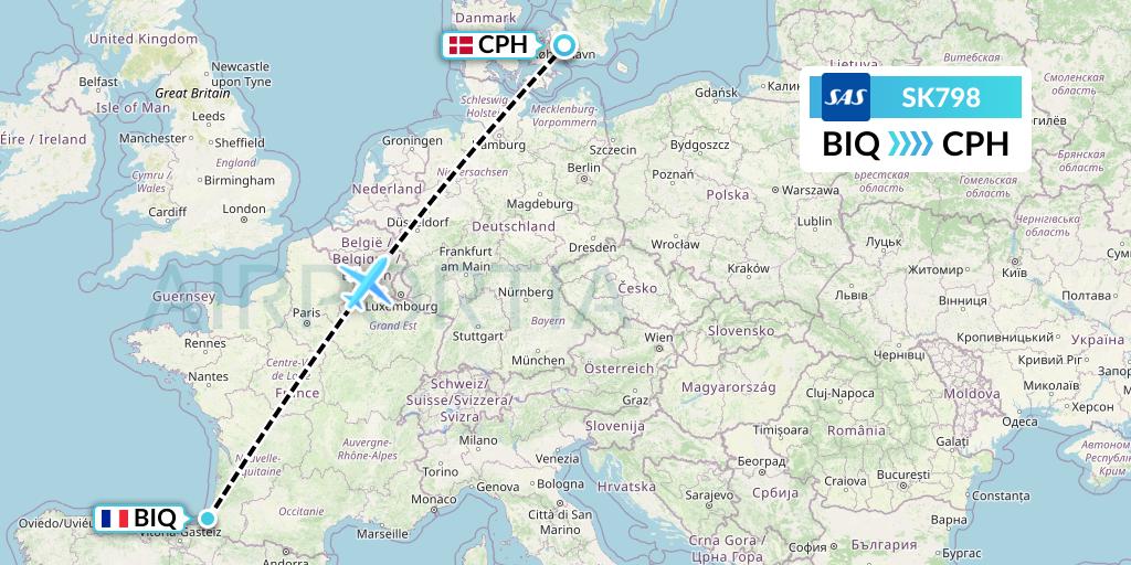 SK798 SAS Flight Map: Biarritz to Copenhagen