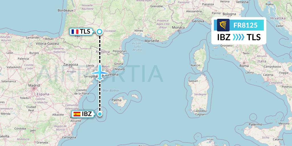 FR8125 Ryanair Flight Map: Ibiza to Toulouse
