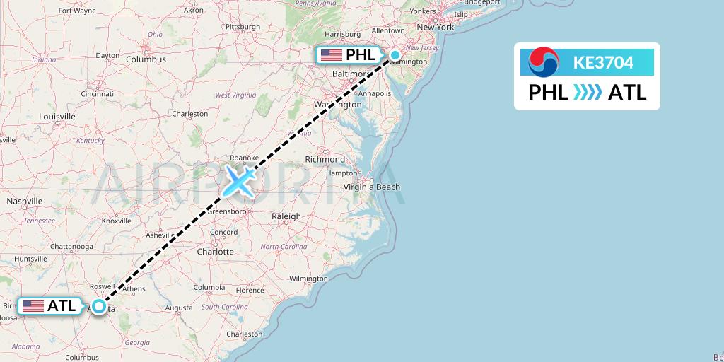 KE3704 Korean Air Flight Map: Philadelphia to Atlanta
