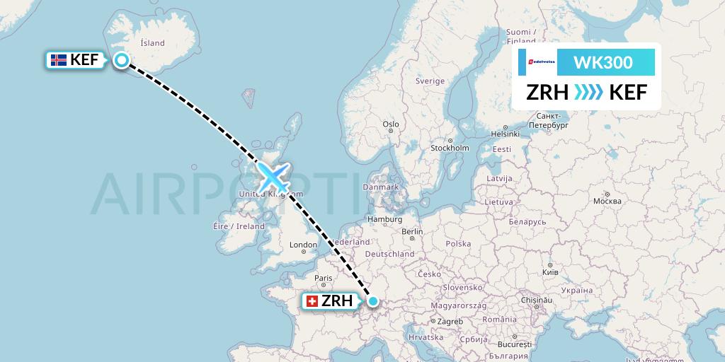 WK300 Edelweiss Air Flight Map: Zurich to Reykjavik