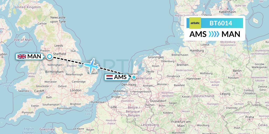 BT6014 Air Baltic Flight Map: Amsterdam to Manchester