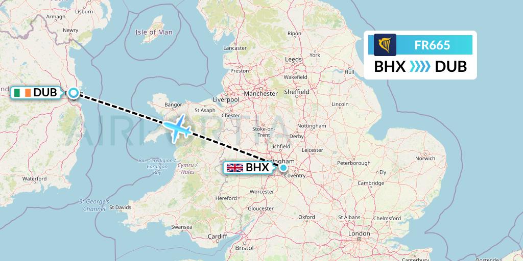 FR665 Ryanair Flight Map: Birmingham to Dublin