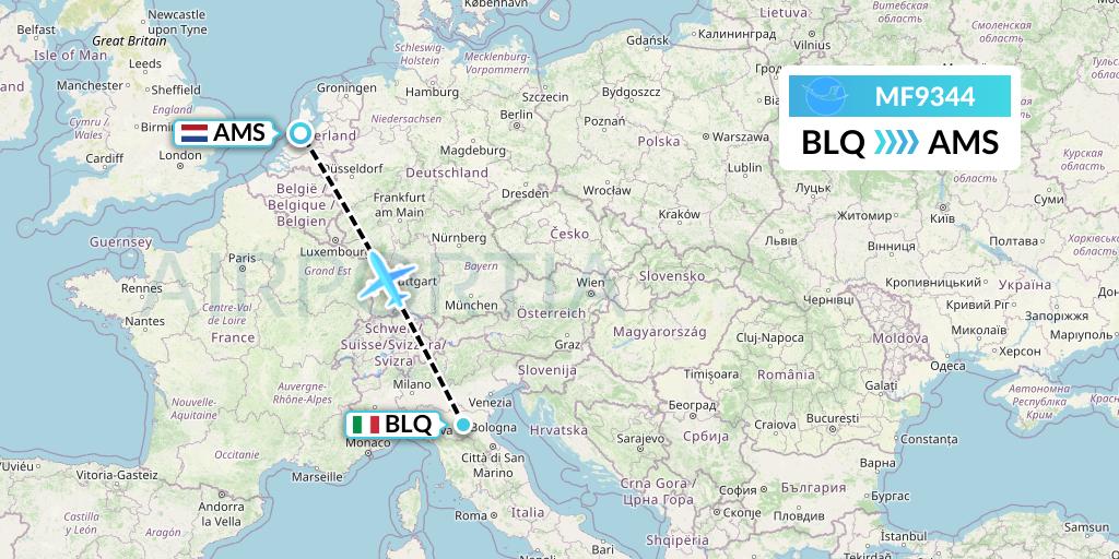 MF9344 Xiamen Airlines Flight Map: Bologna to Amsterdam