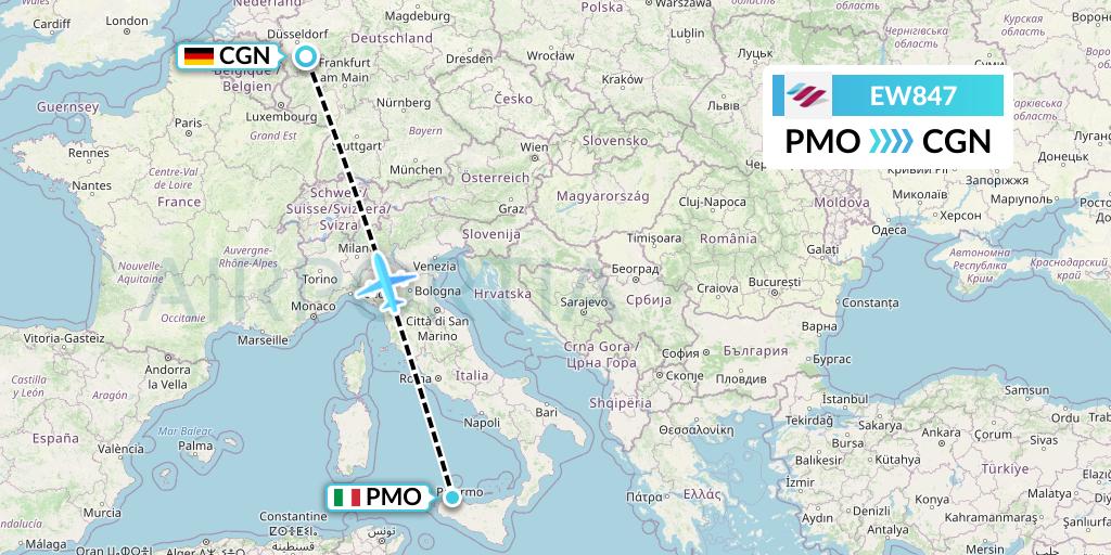 EW847 Eurowings Flight Map: Palermo to Cologne