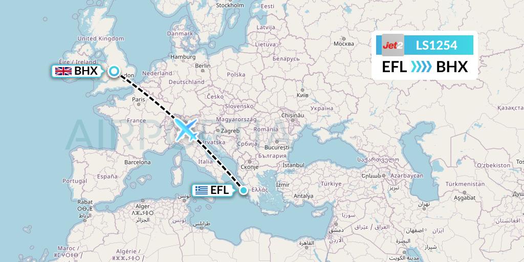 LS1254 Jet2 Flight Map: Kefalonia to Birmingham