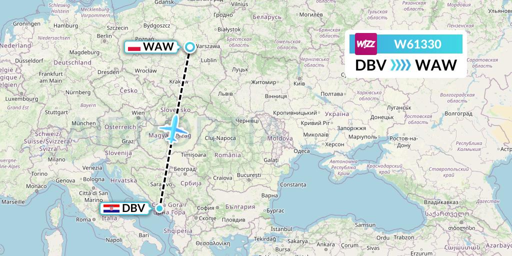W61330 Wizz Air Flight Map: Dubrovnik to Warsaw