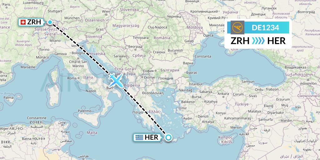 DE1234 Condor Flight Map: Zurich to Heraklion