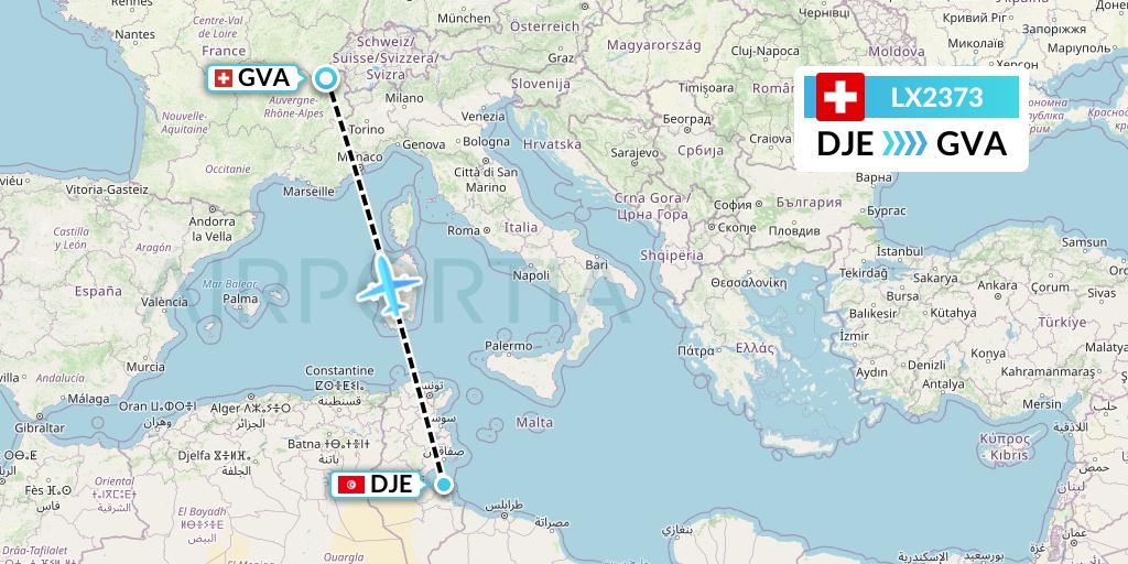 LX2373 Swiss Flight Map: Djerba to Geneva