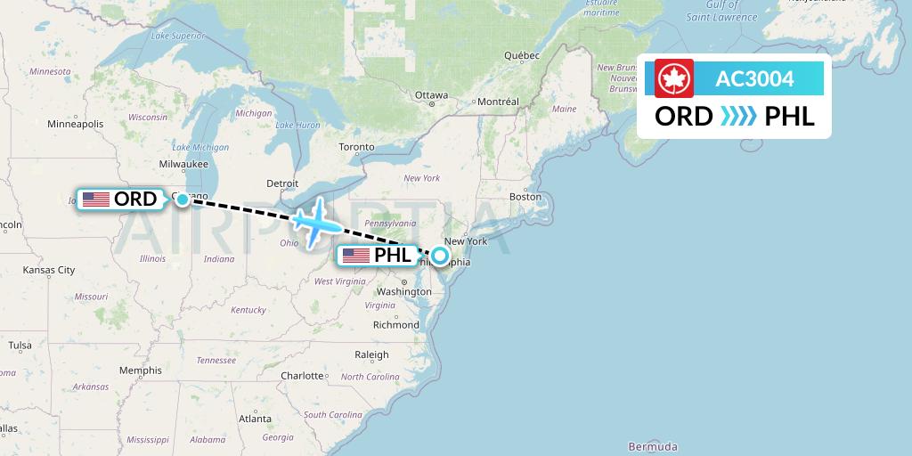 AC3004 Air Canada Flight Map: Chicago to Philadelphia