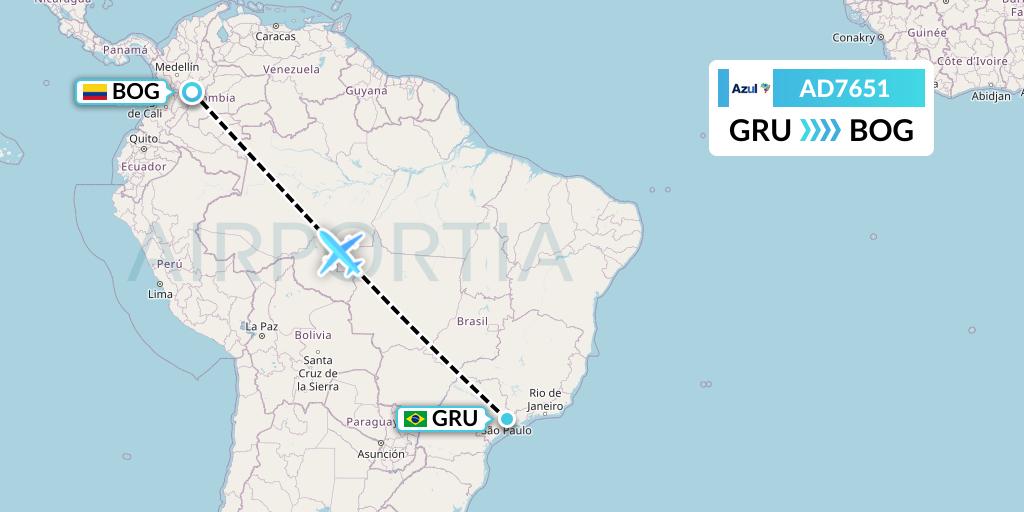 AD7651 Azul Brazilian Airlines Flight Map: Sao Paulo to Bogota