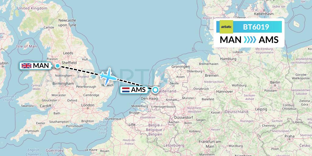 BT6019 Air Baltic Flight Map: Manchester to Amsterdam