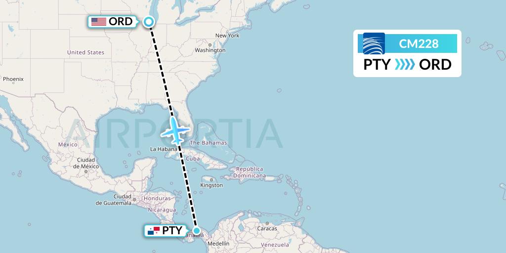 CM228 Copa Airlines Flight Map: Panama City to Chicago