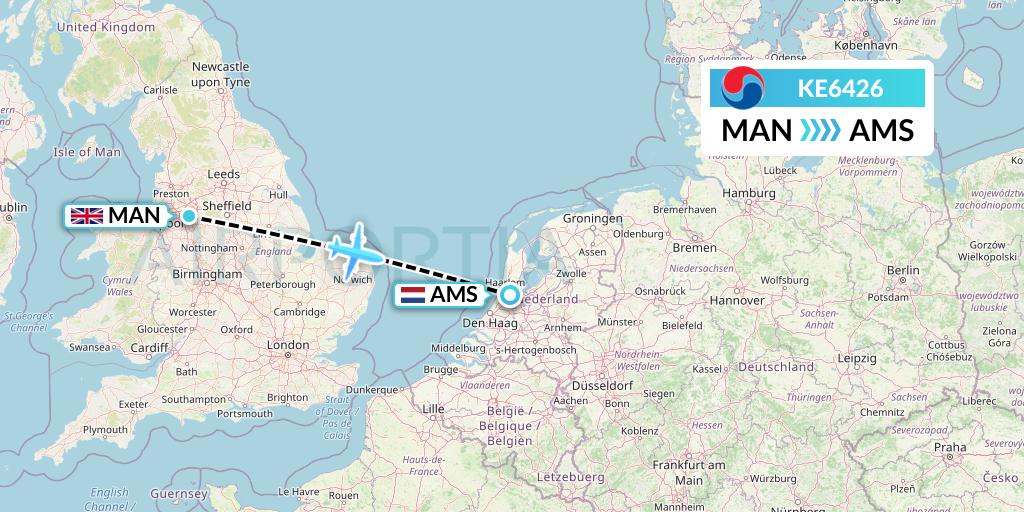 KE6426 Korean Air Flight Map: Manchester to Amsterdam
