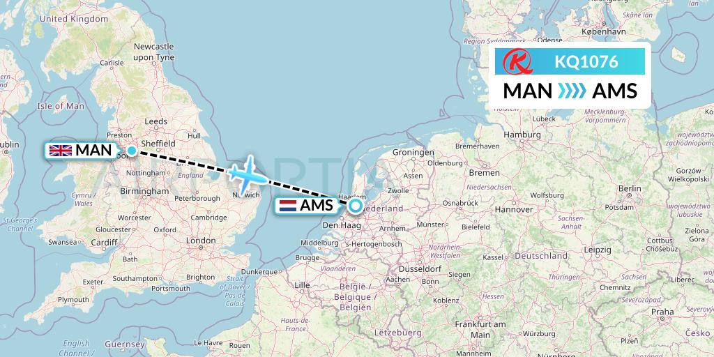 KQ1076 Kenya Airways Flight Map: Manchester to Amsterdam