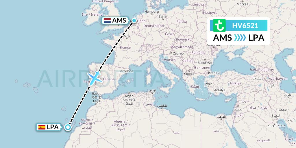 HV6521 Transavia Flight Map: Amsterdam to Las Palmas
