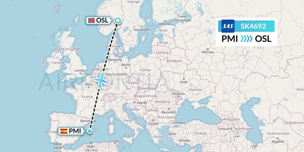 SK4692 SAS Flight Map: Palma de Mallorca to Oslo