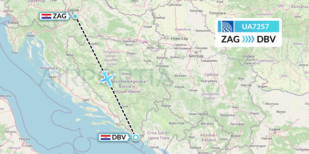 UA7257 United Airlines Flight Map: Zagreb to Dubrovnik