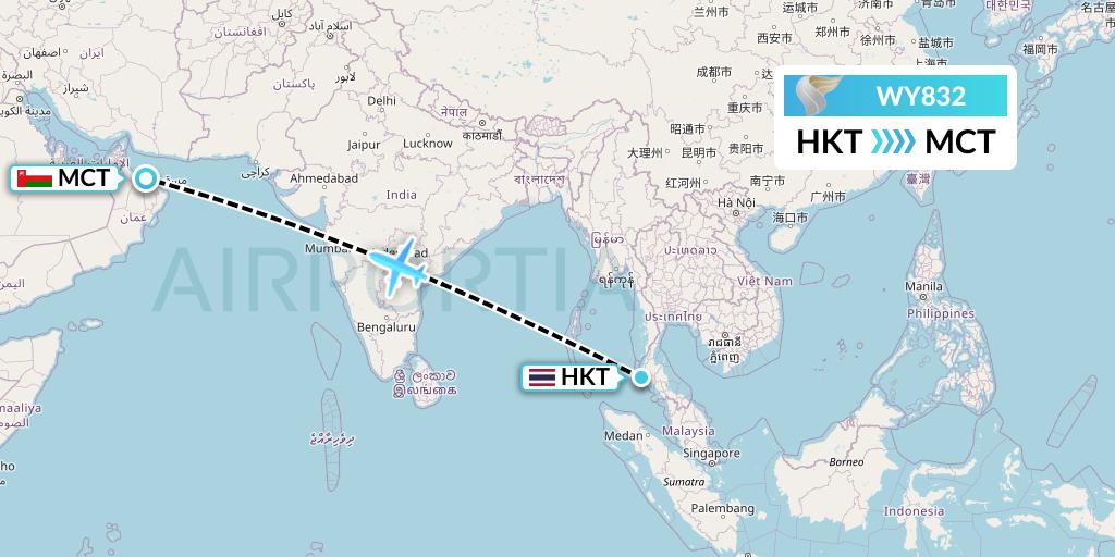 WY832 Oman Air Flight Map: Phuket to Muscat