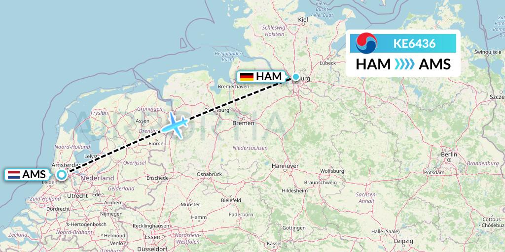 KE6436 Korean Air Flight Map: Hamburg to Amsterdam