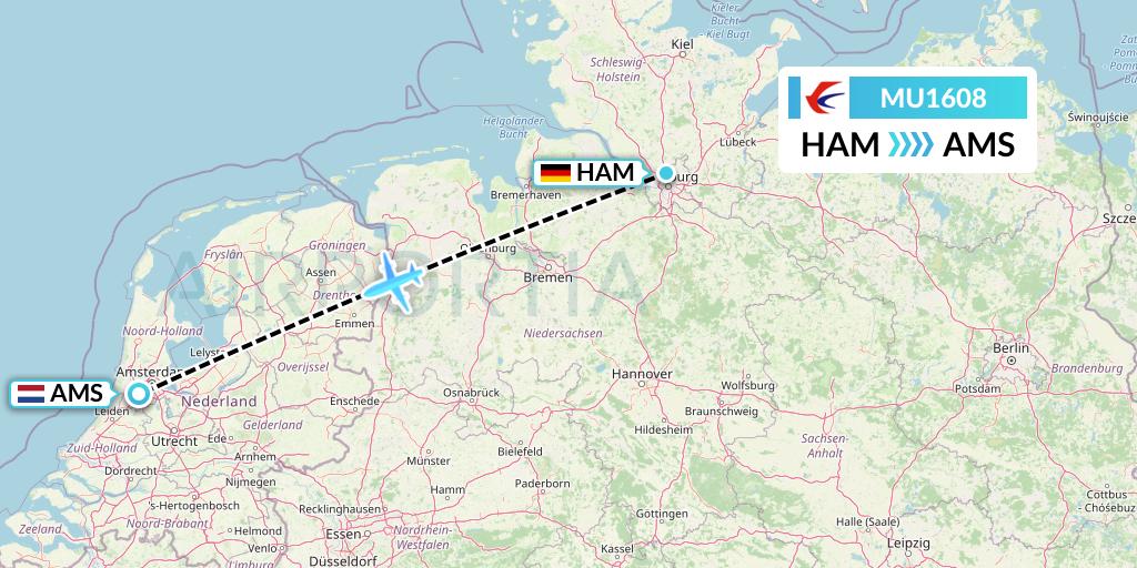MU1608 China Eastern Airlines Flight Map: Hamburg to Amsterdam