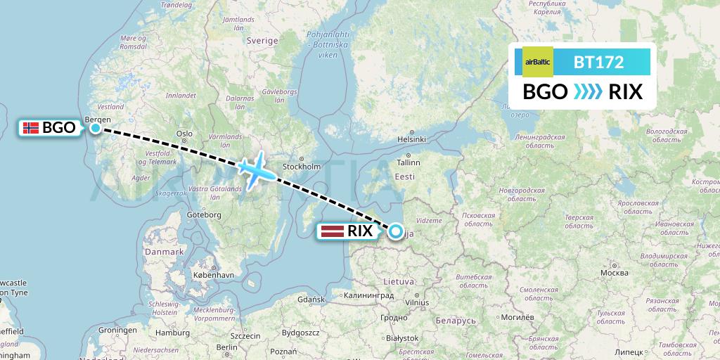 BT172 Air Baltic Flight Map: Bergen to Riga