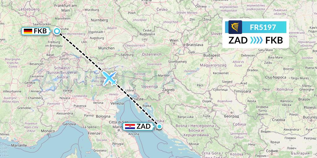 FR5197 Ryanair Flight Map: Zadar to Karlsruhe/Baden-Baden