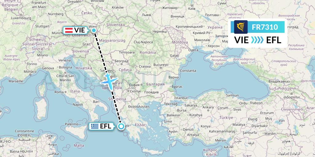 FR7310 Ryanair Flight Map: Vienna to Kefalonia